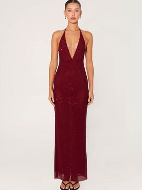 Peppermayo Burgundy Sequin Plunge Halter Maxi Dress